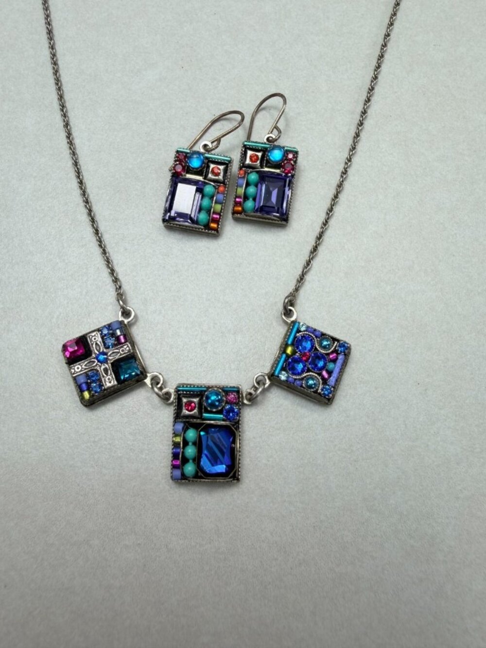 Firefly Mosaic Crystal Necklace Earrings Set Signed Artisan Jewelry